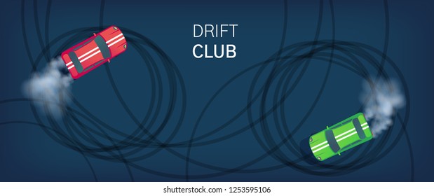 Drift club poster or web banner. Sport car drifting on race track. Motorsport competition. Top view flat vector illustration.