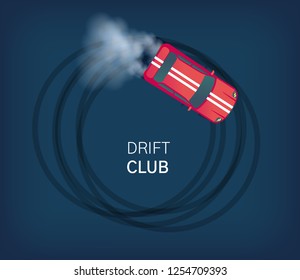 Drift club poster or web banner. Sport car drifting on race track. Motorsport competition. Top view flat vector illustration.