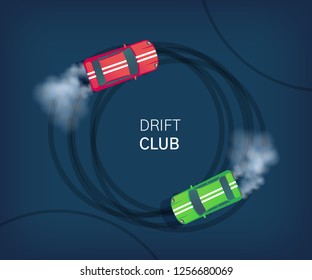 Drift club poster or web banner. Sport car drifting on race track. Motorsport competition. Top view flat vector illustration.