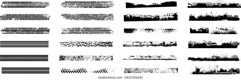 Drift marks of race car, motorcycle or bike wheel tyres with dirty texture of tire tread pattern. Vector black isolated texture 