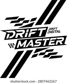 Drift master racing logo design with speed lines and flag
