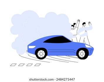 Drift racing abstract concept vector illustration. Professional drift racing show, group of diverse people looking at tuning automobile, motorsport industry, sport transport abstract metaphor.