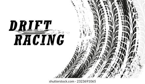 Drift racing background with grunge tire tracks, vector race sport, rally or motorsport. Drift marks of race car, motorcycle or bike wheel tyres with dirty texture of tire tread pattern