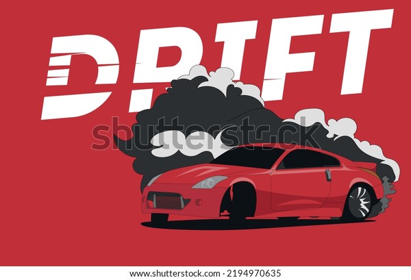 Drift red car, smoke from\
under the wheels, realistic vector illustration for sticker, badge\
or poster