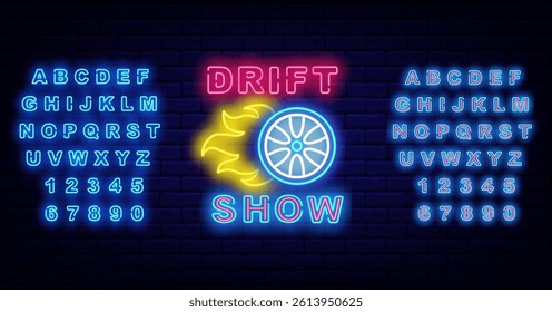 Drift show neon label. Burning wheel with fire. Shiny turquoise alphabet. Vector stock illustration