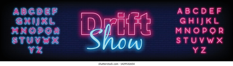 Drift Show sign vector with a Brick Wall Background design template. light banner design element colorful modern design trend  night bright advertising  bright sign. Vector. Editing Text Neon Signs