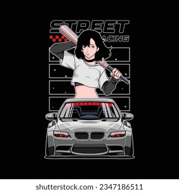 drift wars car vector illustration with baseball bat woman character, for printing and other uses.