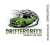 drifter green car with smoke and dust