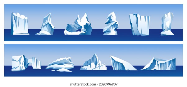 Drifting arctic glaciers, ice rocks, icebergs, blocks of ice, antarctic ice peaks, snow mountains. Landscape elements for game. Collection of cartoon vector illustrations.