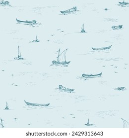 Drifting Boats Decorative vector seamless pattern. Repeating background. Tileable wallpaper print.