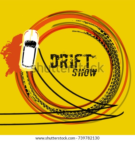 Drifting car top view. Beautiful vector illustration in grunge style. Automotive image in orange, black and yellow colors useful for posters, banners, prints and leaflets graphic design.