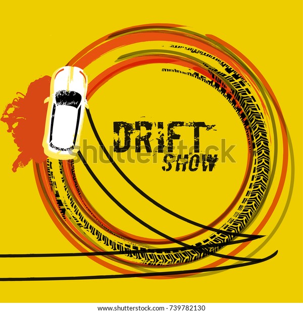 Drifting car top view. Beautiful vector\
illustration in grunge style. Automotive image in orange, black and\
yellow colors useful for posters, banners, prints and leaflets\
graphic design.
