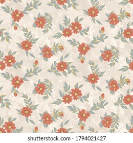 Drifting floral vintage seamless vector pattern. Clematis flower in orange with blue leaves all over pattern on texture background. Great for home decor, fabric, wallpaper, stationery, design projects