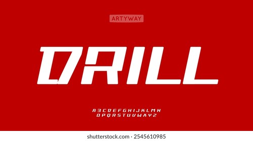 Drill alphabet, bold italic letters, sharp geometric font for racing headline, speed sport typography, dynamic automotive branding, powerful gaming identity. Vector typeset.