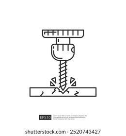 Taladre la broca con un taladro en una tabla de madera. Ilustración vectorial de contorno negro sobre fondo blanco