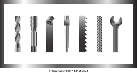 Drill bit screw-cutter milling cutter saw armature wrench vector illustration set