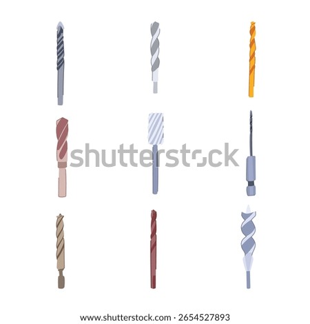 drill bit set cartoon. wood masonry, carbide twist, spade auger drill bit sign. isolated symbol vector illustration