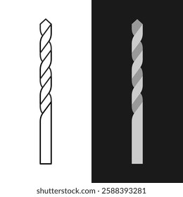 Drill bit tool black line and flat color styles illustration. Isolated vertical standing drill on white and black backgrounds. Editable stroke.