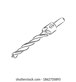 drill bit vector sketch illustration. Vector illustration for posters, decoration and print. Hand drawn sketch of a drill bit tool in black isolated on white background. Detailed vintage etching style
