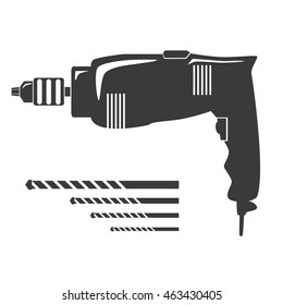 Drill And Bits Electric Hand Tool Flat Silhouette Vector. Electro Tool Screwdriver Icon. Isolated On White Background.