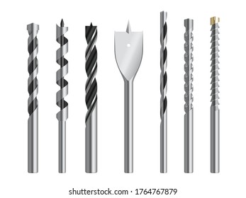 Conseguir bits metálicos de conjunto realista. Herramientas de corte de acero en diferentes formas, pala, labio, espuma, albañilería, giro. Reparación, equipo de construcción. Colección de bits de perforación vectorial aislada en blanco.