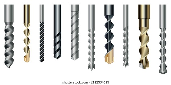 Drill bits set of steel or metal with different twist shapes. Collection professional nozzles for drill hammer or screwdriver. Vector icons isolated on white background