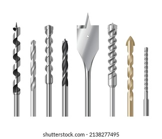 Drill bits set of steel or metal with different twist shapes. Collection of realistic professional nozzles for drill hammer or screwdriver isolated on white background. Vector illustration