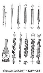 Drill Bits, vintage engraved illustration. Trousset encyclopedia (1886 - 1891). Trousset encyclopedia (1886 - 1891).