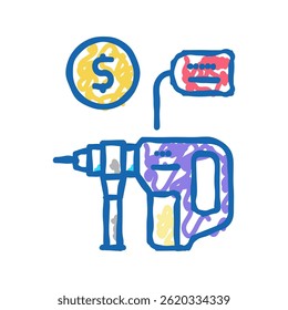 Vector de dibujo de icono de doodle de alquiler de dispositivo de construcción de perforación. Signo de alquiler de dispositivo de construcción de perforación. Ilustración de símbolo aislado
