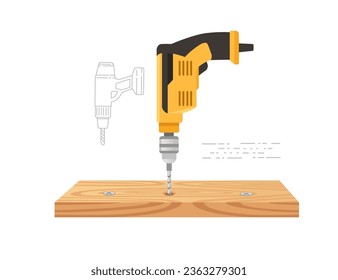 Drill drills holes for bolts in a wooden board vector illustration isolated on white background