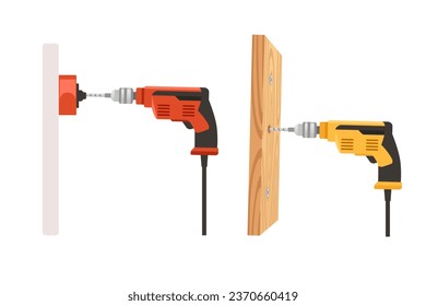 Drill drills holes for bolts in a wooden board vector illustration isolated on white background