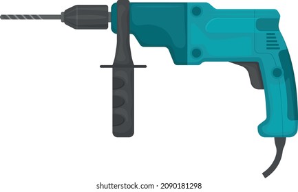 Drill. The electric drill is green. Manual power tool for drilling holes.Vector illustration isolated on a white background