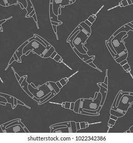 Drill electric on a black background. Industrial tool. Seamless pattern.