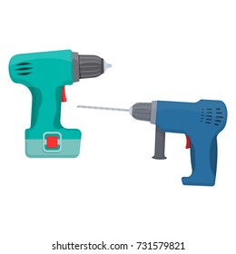 Drill and electric screwdriver on white background, cartoon illustration of repair tool. Vector