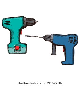 Drill and electric screwdriver on white background, colorful sketch illustration of repair tool. Vector