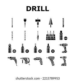 drill equipment construction icons set vector. machine power, industry work, industrial tool, drilling electric technology, repair drill equipment construction glyph pictogram Illustrations