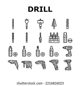 iconos de construcción de equipos de perforación conjunto vector. potencia de la máquina, trabajo industrial, herramienta industrial, tecnología eléctrica de perforación, reparación de equipos de perforación, construcción de imágenes de contorno negro