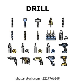 drill equipment construction icons set vector. machine power, industry work, industrial tool, drilling electric technology, repair drill equipment construction color line illustrations