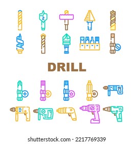 drill equipment construction icons set vector. machine power, industry work, industrial tool, drilling electric technology, repair drill equipment construction color line illustrations