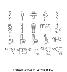 drill equipment construction icons set vector. machine power, industry work, industrial tool, drilling electric technology, repair drill equipment construction black contour illustrations