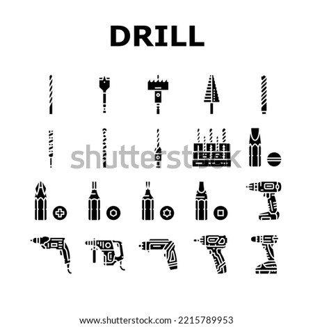 drill equipment construction icons set vector. machine power, industry work, industrial tool, drilling electric technology, repair drill equipment construction glyph pictogram Illustrations
