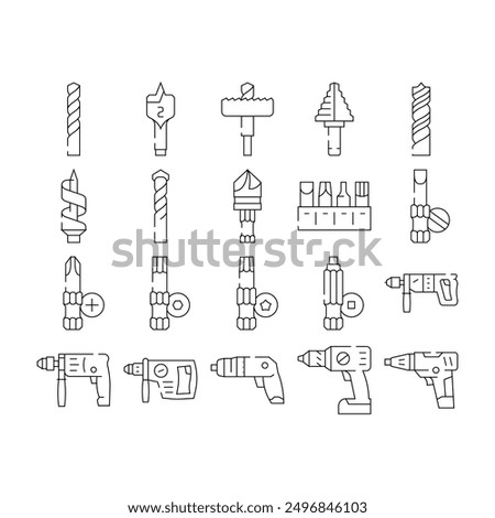 drill equipment construction icons set vector. machine power, industry work, industrial tool, drilling electric technology, repair drill equipment construction black contour illustrations
