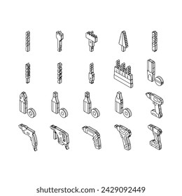 conjunto de iconos isométricos de construcción de equipos de perforación. potencia de la máquina, trabajo de la industria, herramienta industrial, tecnología eléctrica de perforación, reparación de equipos de perforación línea de color de construcción