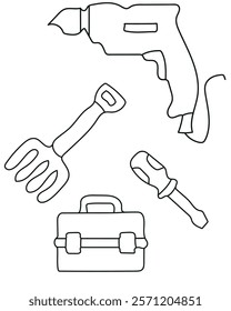 Drill, Fork Shovel, Screwdriver, Tool Box common tools in a construction vector set include a saw, ideal for cutting wood, metal, a drill, which creates holes in various materials. clean, modern.