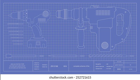 Drill, hammer drill and bits engineer blueprint. Vector schematic illustrations 