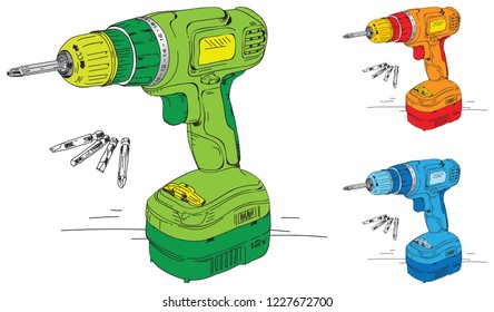 drill hand drawn, electric drill hand drawn colored illustration vector