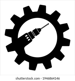 Drill, hand tool in gear simple flat design