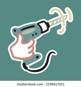 Drill in hand. Vector cartoon doodle sticker. Repair, construction, workers drilling a wall.