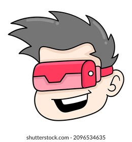 drill head using virtual reality game tool on its head, vector illustration carton emoticon. doodle icon drawing