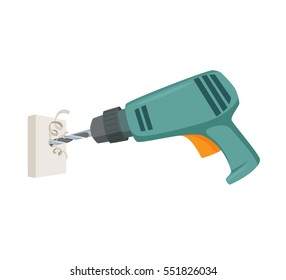 Drill a hole in the wall. Repair tool. Joinery or carpentry instruments. Home working process vector illustration isolated on white.